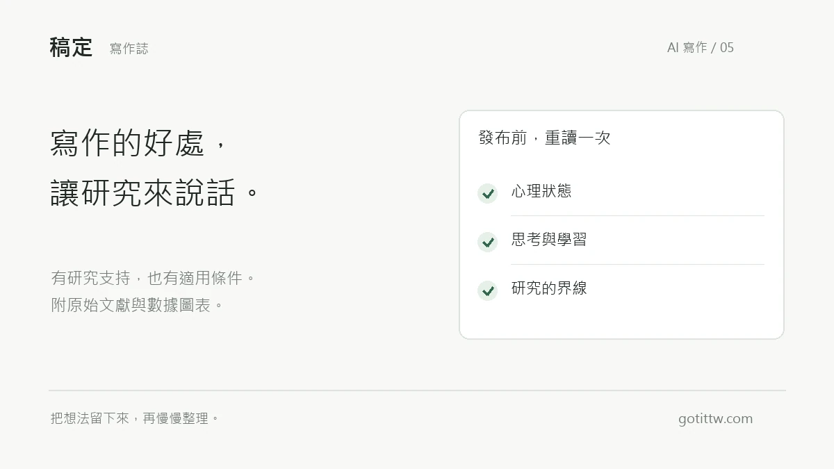 寫作研究的三個閱讀方向：心理狀態、思考與學習，以及研究的適用界線。