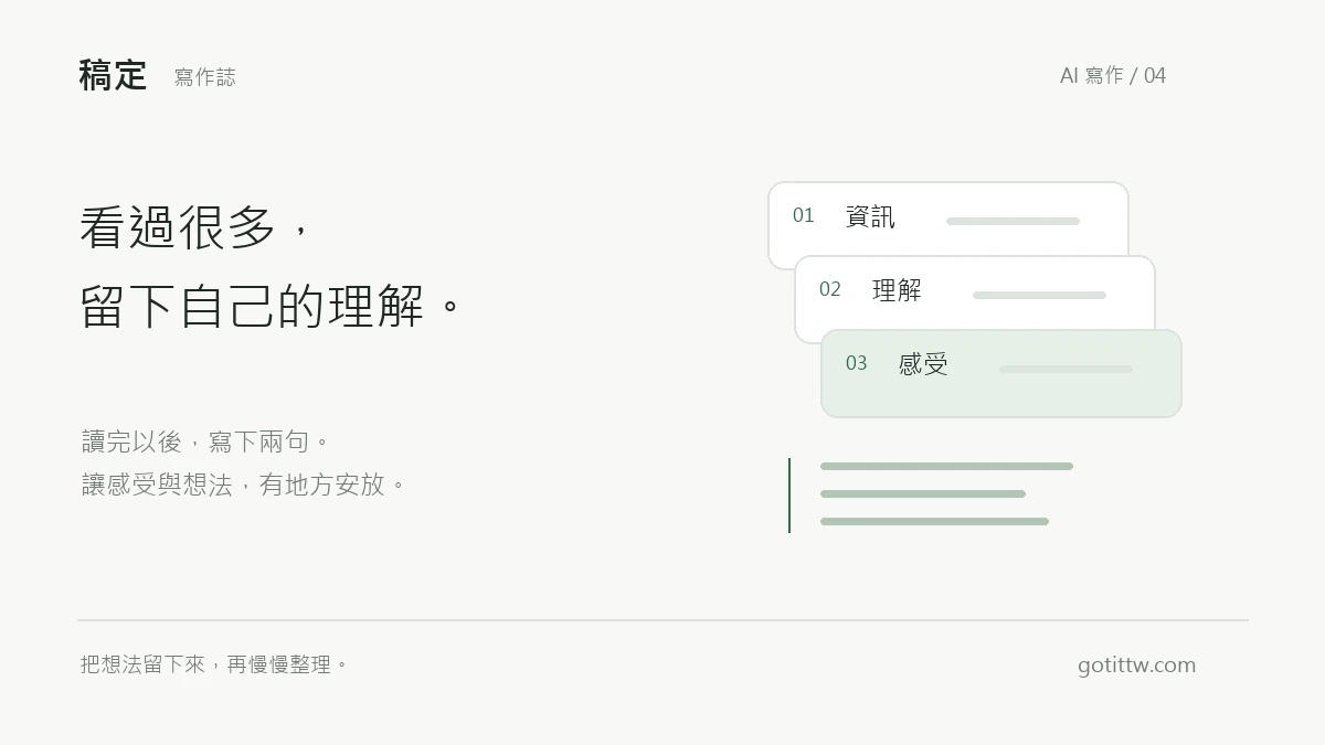 把接收的資訊整理成理解與感受，留下自己的想法。